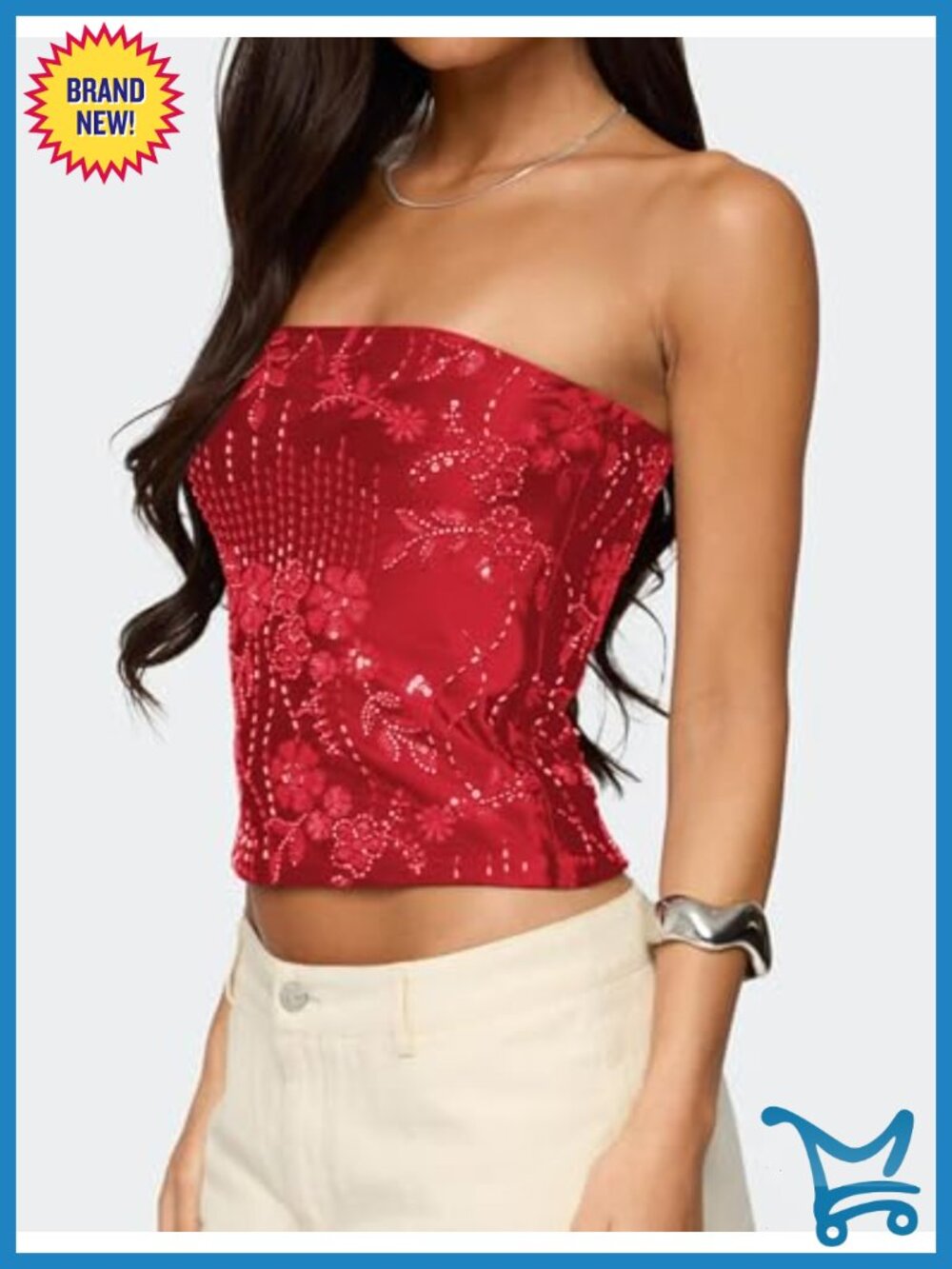 Sequin Tube Top Rhinestone Strapless Backless Sparkle Bandeau Top Y2K - Picture 4 of 6
